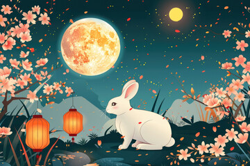 Traditional Chinese Festival: Mid-Autumn Festival, rabbit and moon illustration