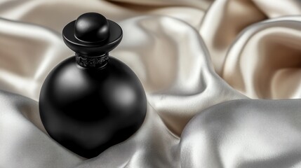 Black perfume bottle on a white silk background.