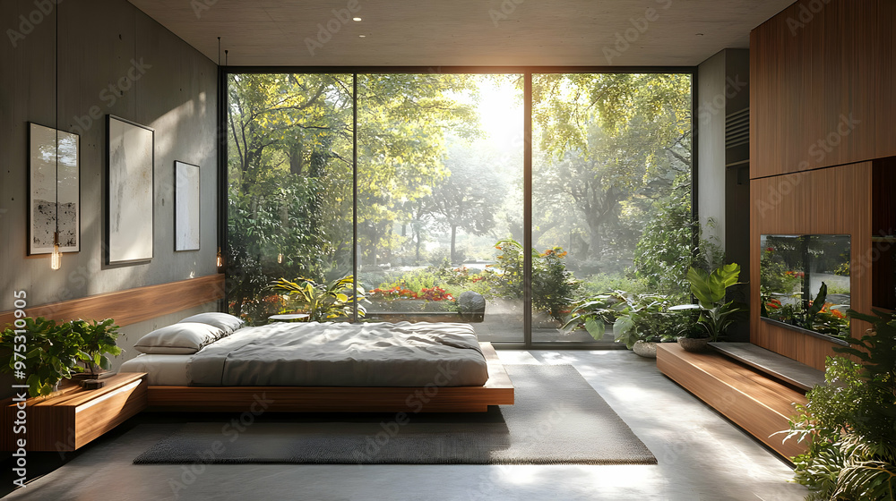 Wall mural Modern bedroom with large windows overlooking a lush green garden.