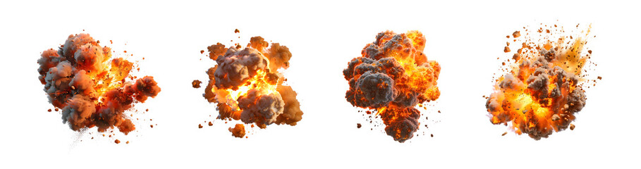 Pack of Fiery explosion with smoke and debris isolated on transparent background