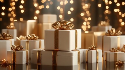 White gift boxes with gold ribbon and bow on a dark background with bokeh lights.