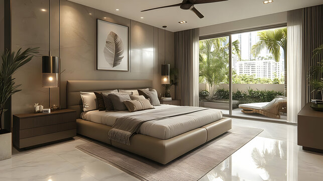 Modern bedroom with large windows overlooking a patio with lounge chairs and tropical plants.