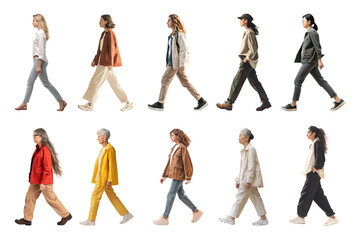 Fototapeta premium PNG walking diverse women full body element set, transparent background