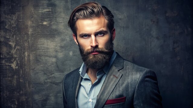 The bearded gentleman posits with poise, his tailored outfit accentuating his broad shoulders, his stern expression