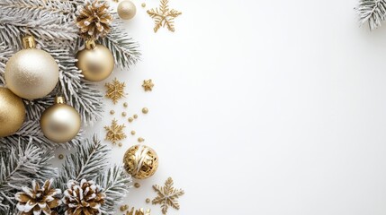Fototapeta premium Snowy pine branches with golden Christmas ornaments and snowflakes on white background.