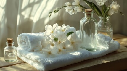 White towels, flowers, and bottles of essential oil on a wooden surface.