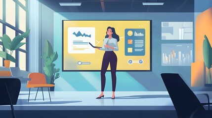 Fototapeta premium Businesswoman Presenting Data on a Large Screen in a Modern Office