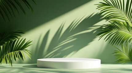 Obraz premium Green background with a white round podium and palm leaf shadows.
