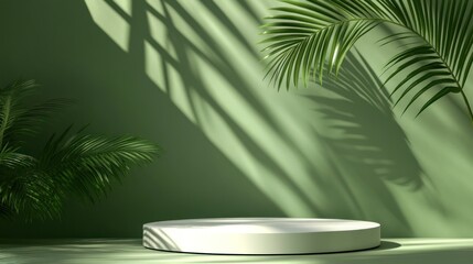 Obraz premium Minimalist Green Background with White Round Pedestal Platform for Product Display.