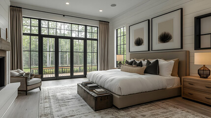 Modern bedroom with large windows, a king size bed, a fireplace, and a comfortable armchair.