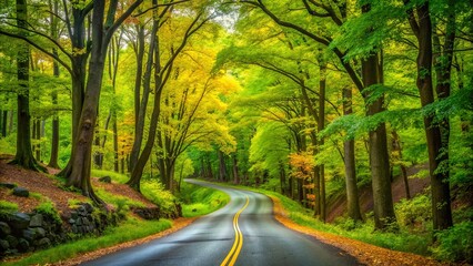 Obraz premium Vibrant green landscapes frame a winding road as it gently navigates through a peaceful Connecticut state park,