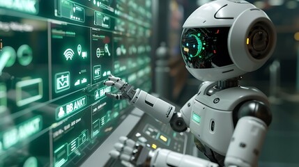 Fototapeta premium Robot AI Humanoid Touching Digital Interface Screen