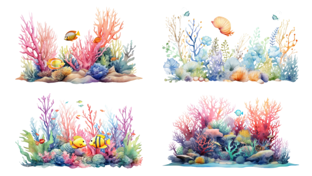 PNG watercolor coral  element set, transparent background