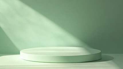 Minimalist green podium for product display with sun light shadows.