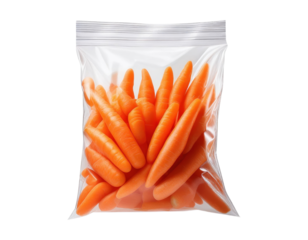 A clear bag filled with fresh, vibrant orange baby carrots ready for healthy snacking or cooking.