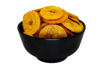 banana chips in black bowl isolated transparent