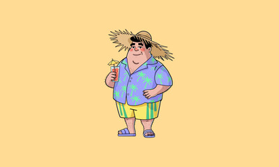 Smiling man on vacation holding a drink under palm trees.