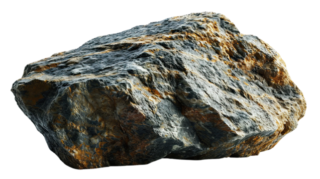 A close-up view of a rugged, textured rock showcasing natural geological features and earthy colors.