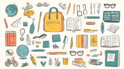 A Colorful Illustration of School Supplies and Stationery.