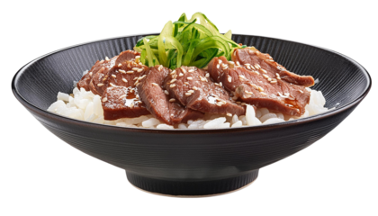 A delicious bowl of rice topped with tender beef and fresh green onions, garnished with sesame seeds for a delightful meal.