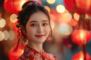 Naklejka premium In the evening, Chinese New Year, young women on the streets