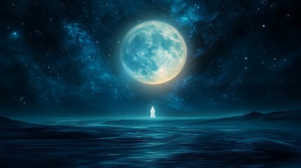 Fototapeta premium Mystical Figure Silhouetted Against a Full Moon and Starry Night Sky