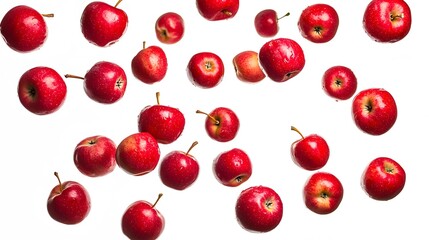 Falling red apples captured in mid-air isolated on a white background