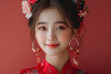 Naklejka premium A young Chinese woman, close-up photo of her head with a red background