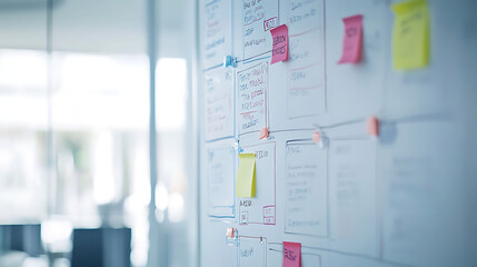 A team of marketing professionals in a bright office environment mapping out a customer journey on a whiteboard filled with colorful diagrams and sticky notes, showcasing the planning and strategy 