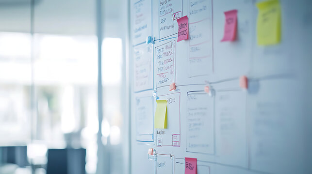 A team of marketing professionals in a bright office environment mapping out a customer journey on a whiteboard filled with colorful diagrams and sticky notes, showcasing the planning and strategy 