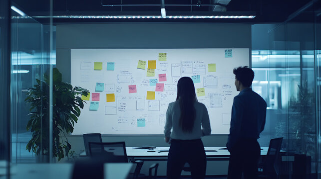 A team of marketing professionals in a bright office environment mapping out a customer journey on a whiteboard filled with colorful diagrams and sticky notes, showcasing the planning and strategy 