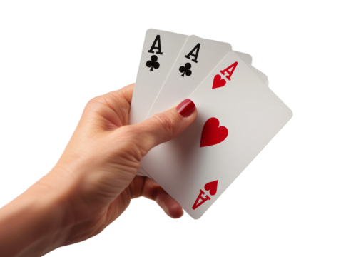 A hand holding four playing cards, showcasing two Aces, perfect for gaming and casino themes.