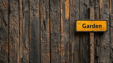 Charred Wood Sign A yellow sign with the word Garden hangs on a weathered charred wooden fence