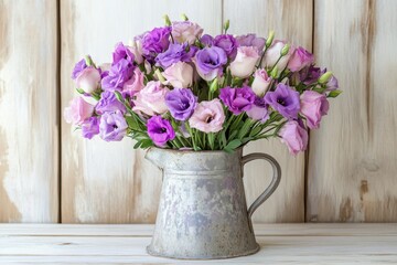 Charming summer bouquet of purple and pink eustomas in an antique coffee pot on a vintage wooden board