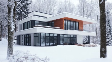 Modern white house with large windows in a snowy winter forest.