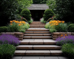 A LowAngle Perspective of Stone Steps Leading Up to a Hidden Home Surrounded by Lush Greenery and Vibrant Flowers