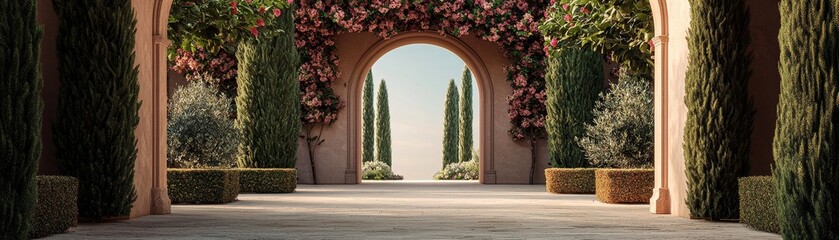 Fototapeta premium Through the Pink Blossoms A Glimpse of Tranquility in a Sunlit Garden