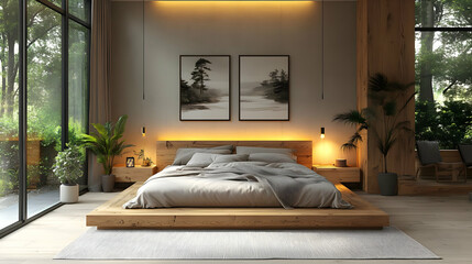 Modern bedroom with wooden platform bed, large windows, and two framed prints.