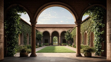 A Verdant Passage Looking Through Arched Colonnade into Lush Courtyard Garden