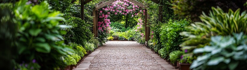 A pathway through a lush garden framed by a wooden archway adorned with pink flowers
