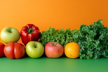 Fresh organic vegetables and fruits placed on the left side of green table with bell peppers,okra, lettuce, apple, tomato and orange against on orange background. Copy space, front view , ai
