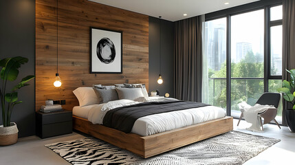 Modern bedroom with wooden wall, large windows, and a comfortable bed.