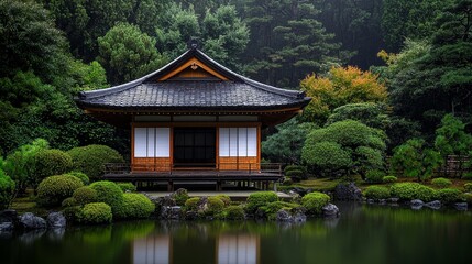Naklejka premium Serene Japanese Tea House Reflecting on Tranquil Pond Lush Greenery and Misty Forest Background
