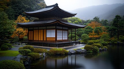Fototapeta premium Serene Temple Pavilion Reflected in a Misty Pond Low Angle Lush Greenery Autumn Colors Tranquility