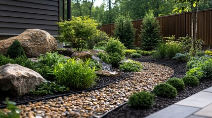 Obraz premium Serene Garden Path A lowangle perspective showcasing a meandering stone path with a trickling waterfall through lush greenery and large boulders leading to a paved patio