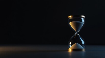 A glass hourglass with golden accents rests on a black surface, its sand partially fallen.