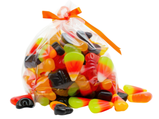 A vibrant assortment of colorful candies packed in a clear bag, perfect for festive celebrations and sweet treats.