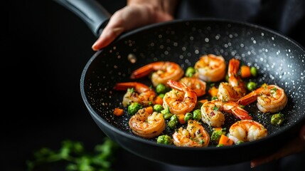 A Chefs Hand Holding a Pan of Sizzling Shrimp with Herbs and Vegetables Close Up Dark Background Culinary Delight