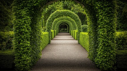 A Gravel Path Framed by Lush Green Arches A Perspective of Serenity and Enchantment