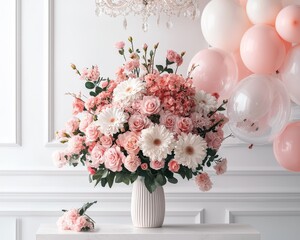 Pink White Floral Arrangement in White Vase Against White Wall with Balloons Overhead